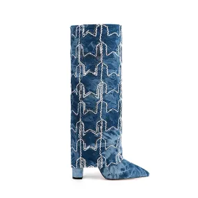 HUTIH Sequinned Star Denim Knee High Boots