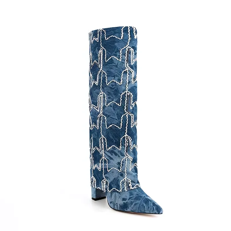 HUTIH Sequinned Star Denim Knee High Boots