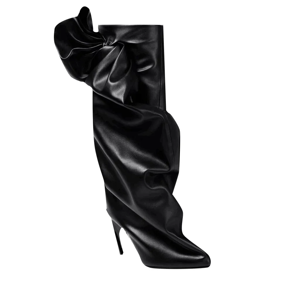 LUCON Bow Leather Knee High Boots