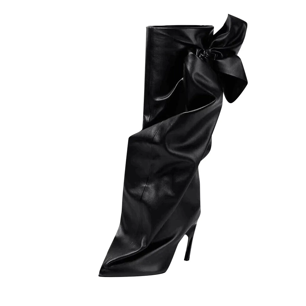 LUCON Bow Leather Knee High Boots